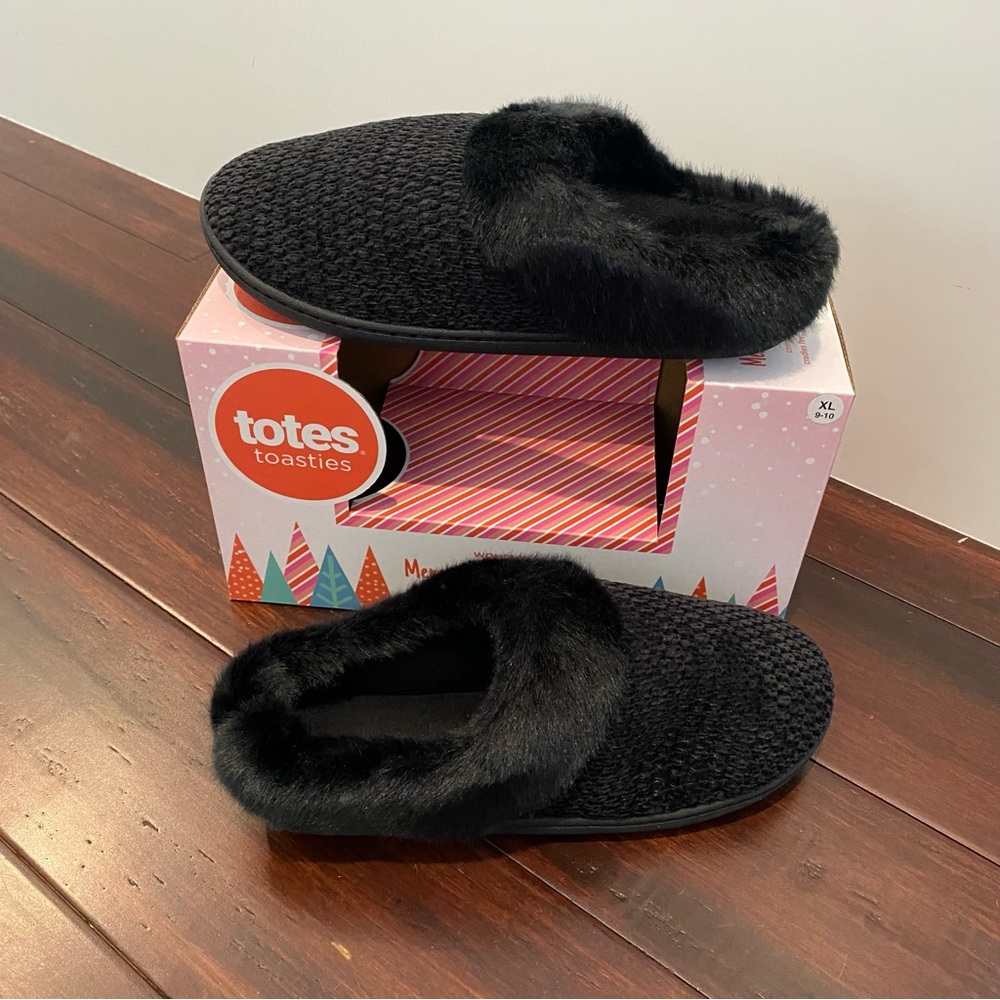 TOTES NEW Womens XL 9-10 Black Faux Fur Memory Foam Slip On Slippers